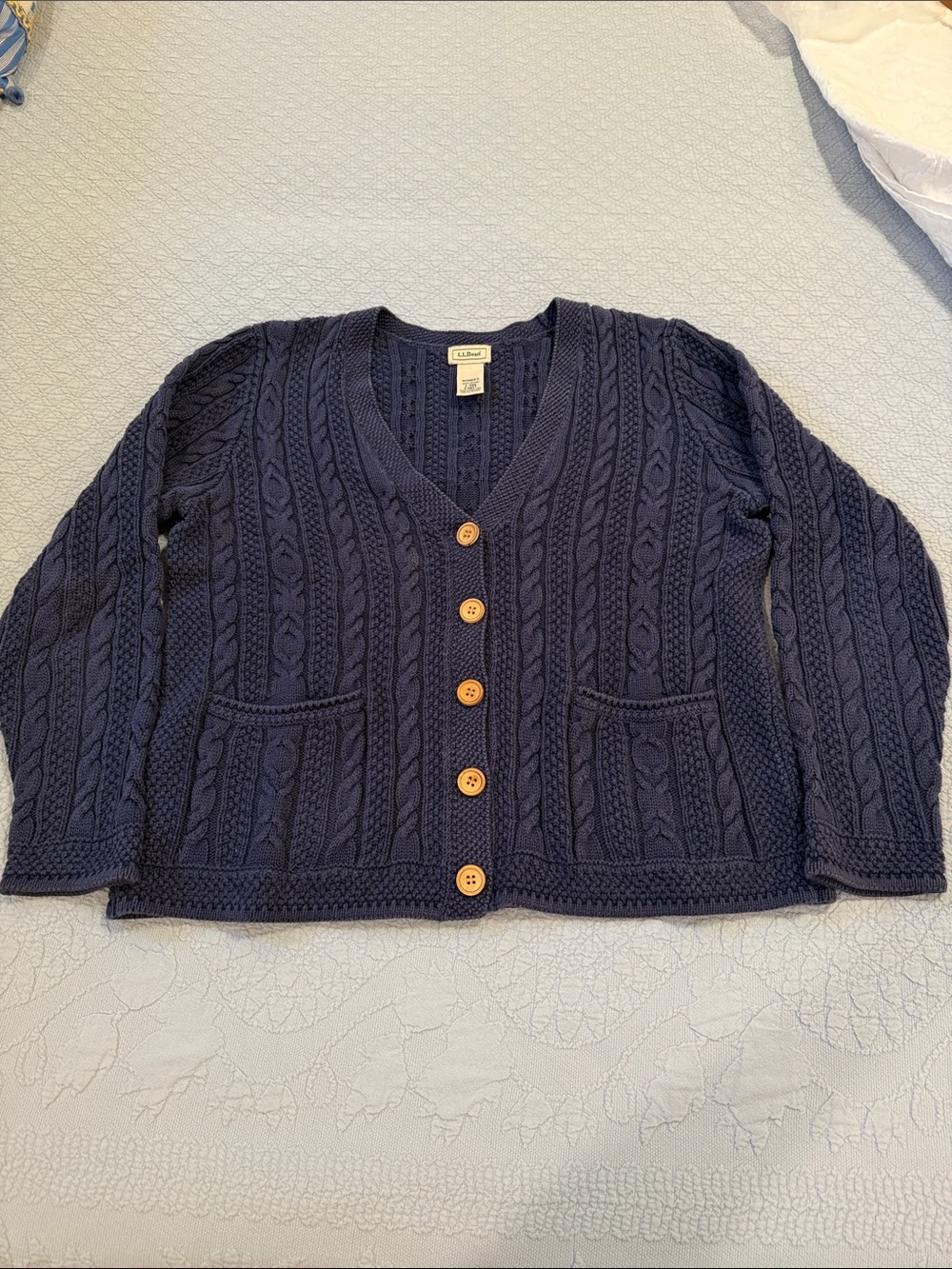 Vintage L.L. Bean Navy Cable Knit Button-Front Cardigan 100% Cotton